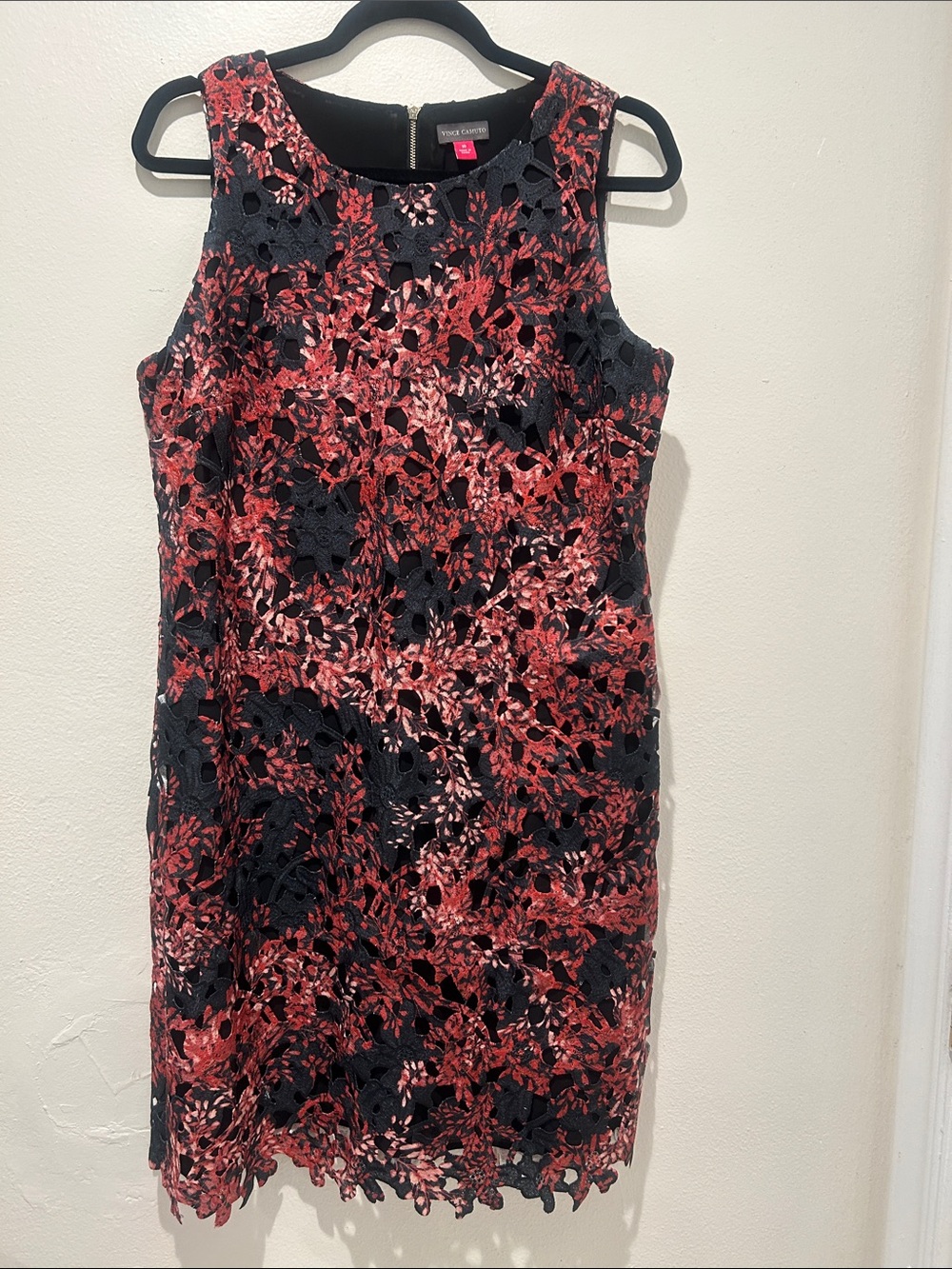 Vince Camuto Black and Red Floral Lace Midi Dress